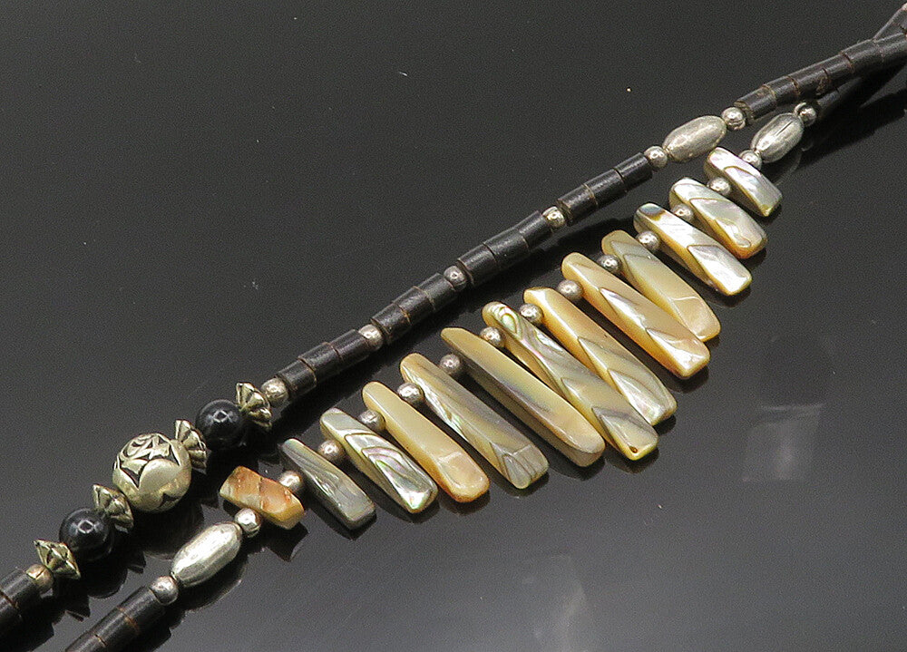 SOUTHWESTERN 925 Silver Vintage Black Onyx & Mother Of Pearl Necklace NE3430