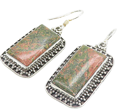 925 Sterling Silver  Vintage Unakite Square Bordered Dangle Earrings  EG3519