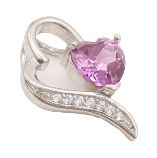 925 Sterling Silver Vintage Pendant Heart Cut Pink Topaz & Beaded Heart  PT22602