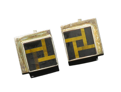 K&J SAVVIT 925 Silver  Vintage Onyx & Tiger's Eye Non Pierce Earrings  EG10058