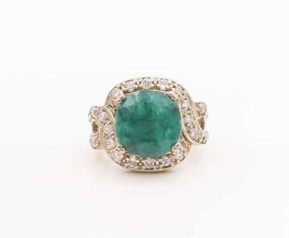 925 Sterling Silver Vintage Ring Square Green Gemstone Topaz Inlay Sz 8  RG29298