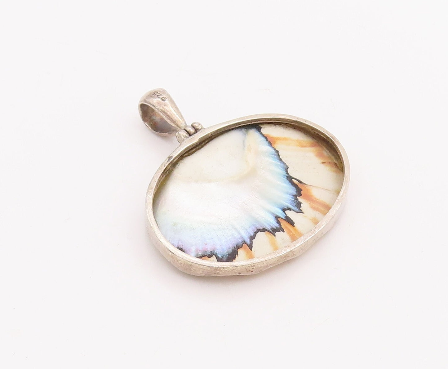 925 Sterling Silver Vintage Pendant Designer Fan Shaped Mother Of Pearls PT23339