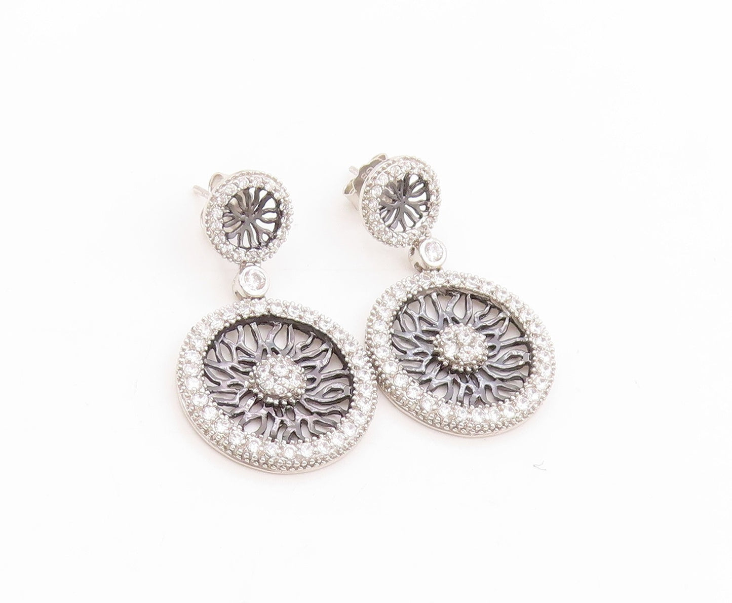 925 Sterling Silver Vintage Earrings CZ Intricate Open Circular Wheels  EG14021