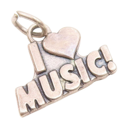 925 Sterling Silver  Vintage Shiny Heart I Love Music Pendant  PT19174