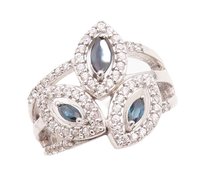 925 Sterling Silver Vintage Ring Modernist Floral Cut Sapphire & CZ Sz 7 RG30134