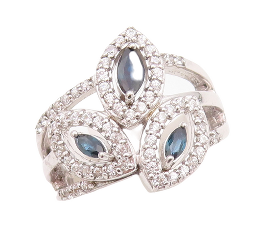 925 Sterling Silver Vintage Ring Modernist Floral Cut Sapphire & CZ Sz 7 RG30134