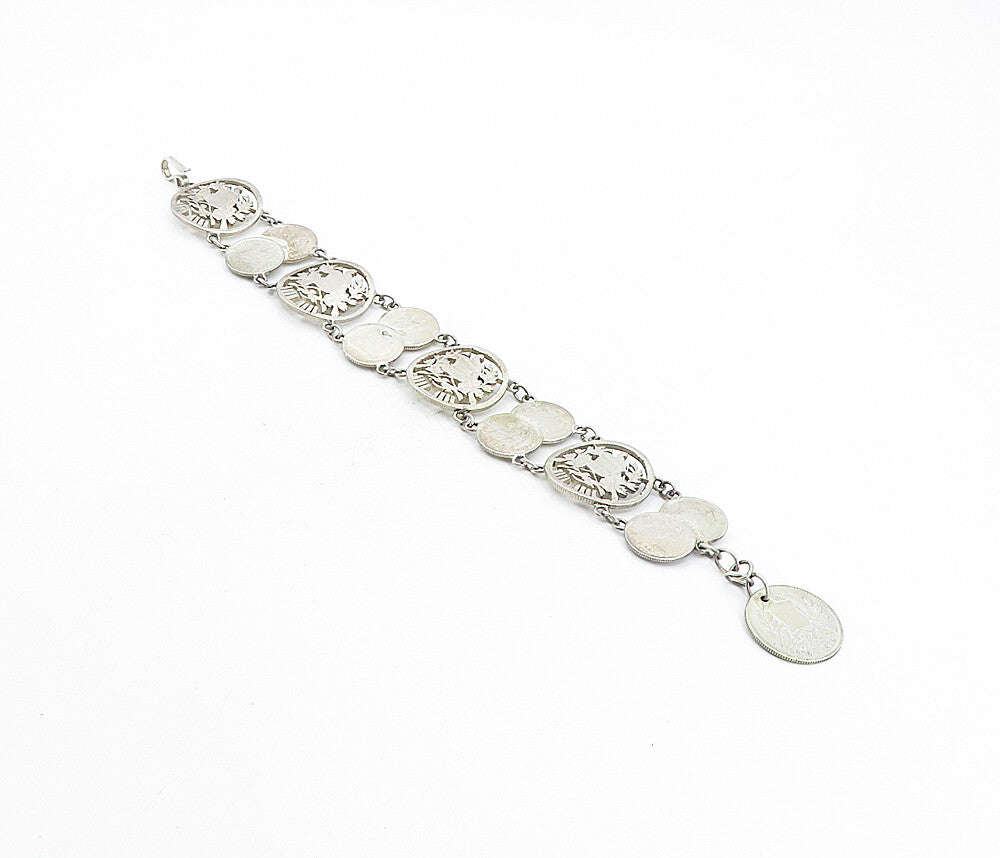 925 Sterling Silver  Vintage Antique Guatemalan Coin Chain Bracelet  BT3531