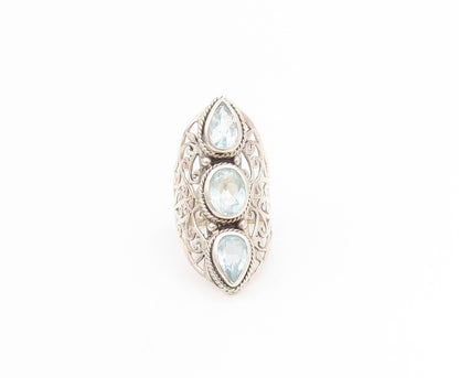 925 Sterling Silver Vintage Ring Blue Topaz Open Statement Band  Sz 8.5  RG34371