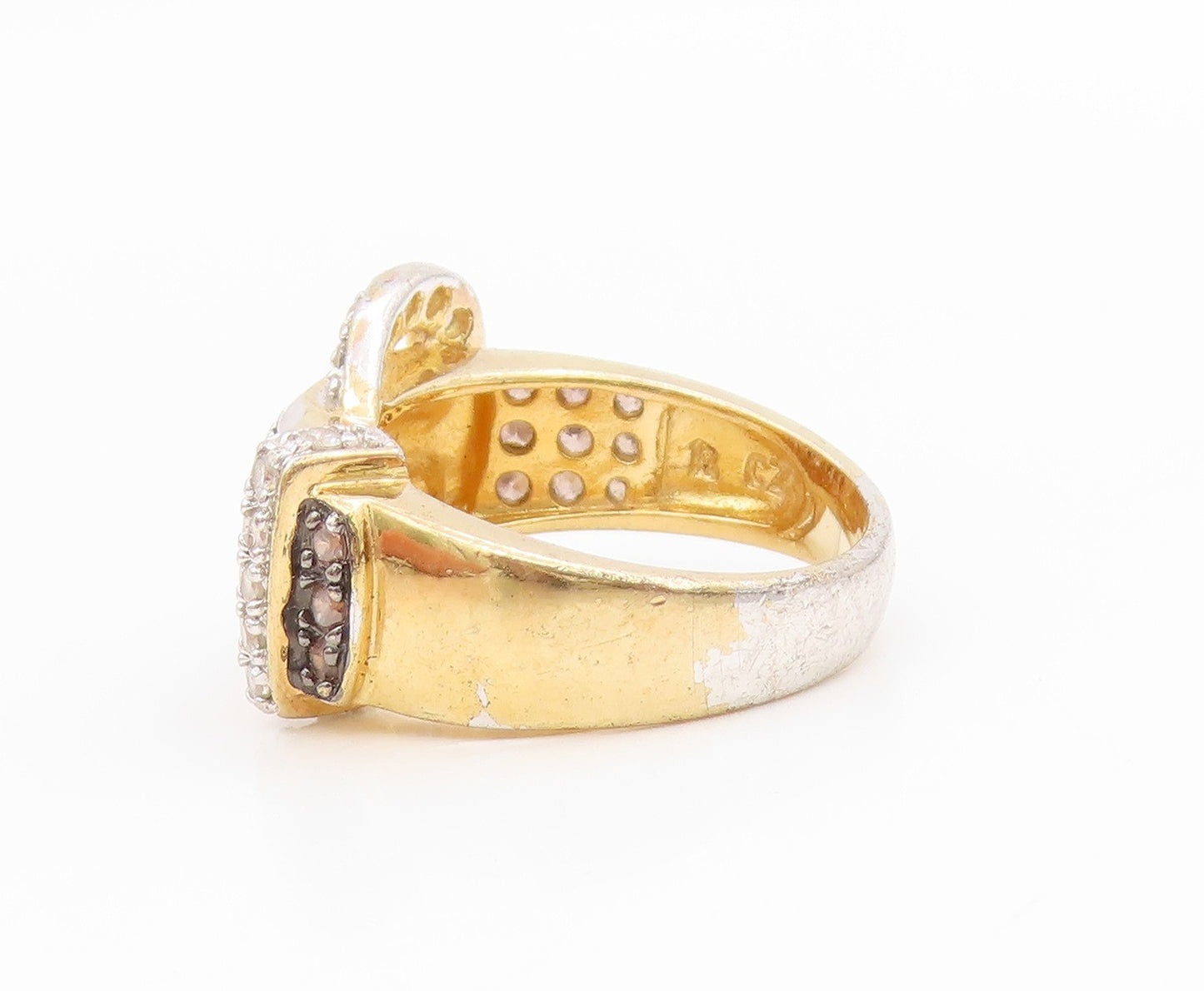 925 Sterling Silver Vintage Ring Gold Plated CZ Belt Buckle Design Sz 6 RG34650