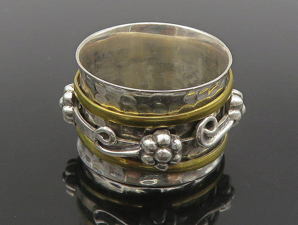 925 Sterling Silver  Vintage 2 Tone Hammered Floral Band Ring Sz 10  RG23761