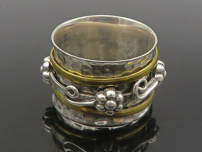 925 Sterling Silver  Vintage 2 Tone Hammered Floral Band Ring Sz 10  RG23761