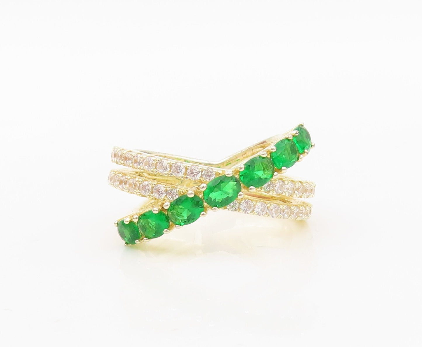 925 Sterling Silver Vintage Ring Gold Plated Green & White CZ  Sz 6.5 RG30478