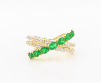 925 Sterling Silver Vintage Ring Gold Plated Green & White CZ  Sz 6.5 RG30478
