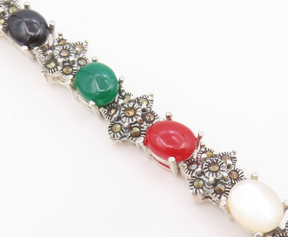925 Silver  Vintage Turquoise Mother Of Pearl Onyx & Carnelian Bracelet BT3680