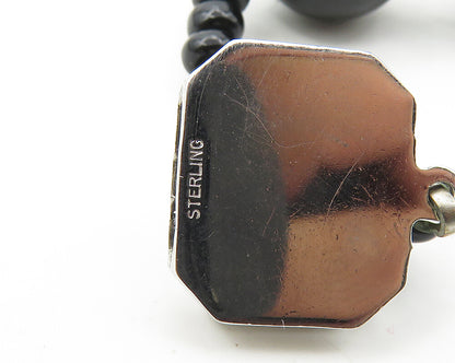 925 Sterling Silver  Vintage Black Onyx Sculpted Bead Chain Necklace  NE2739