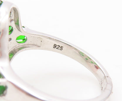 925 Sterling Silver Vintage Ring Oval Cut  Green CZ Flower  Sz 7  RG29449