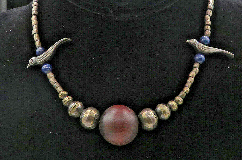 925 Sterling Silver Vintage Sodalite Bird Beaded Chain Necklace NE1421