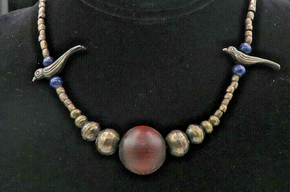 925 Sterling Silver Vintage Sodalite Bird Beaded Chain Necklace NE1421