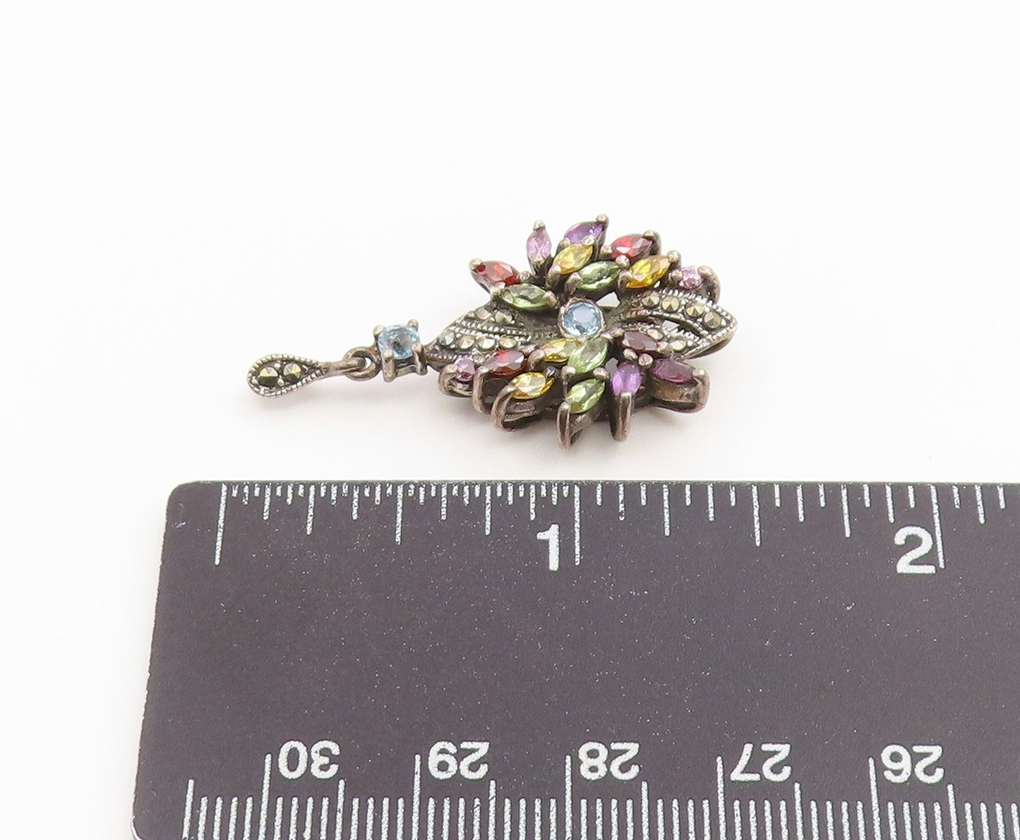 925 Sterling Silver Vintage Pendant Classic Multi Gemstone Floral Charm  PT26614