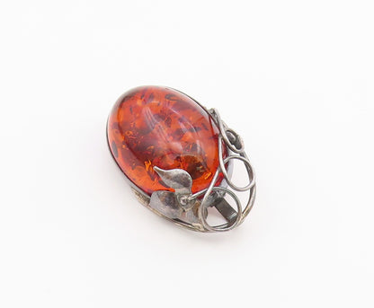 925 Sterling Silver  Vintage Cabochon Cut Amber Floral Leaf Brooch Pin  BP8463
