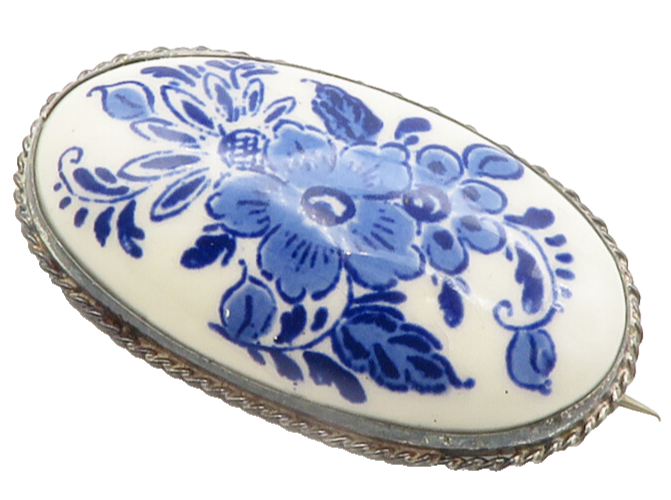 925 Sterling Silver  Vintage Enamel Floral Art Oval Dome Brooch Pin  BP5487