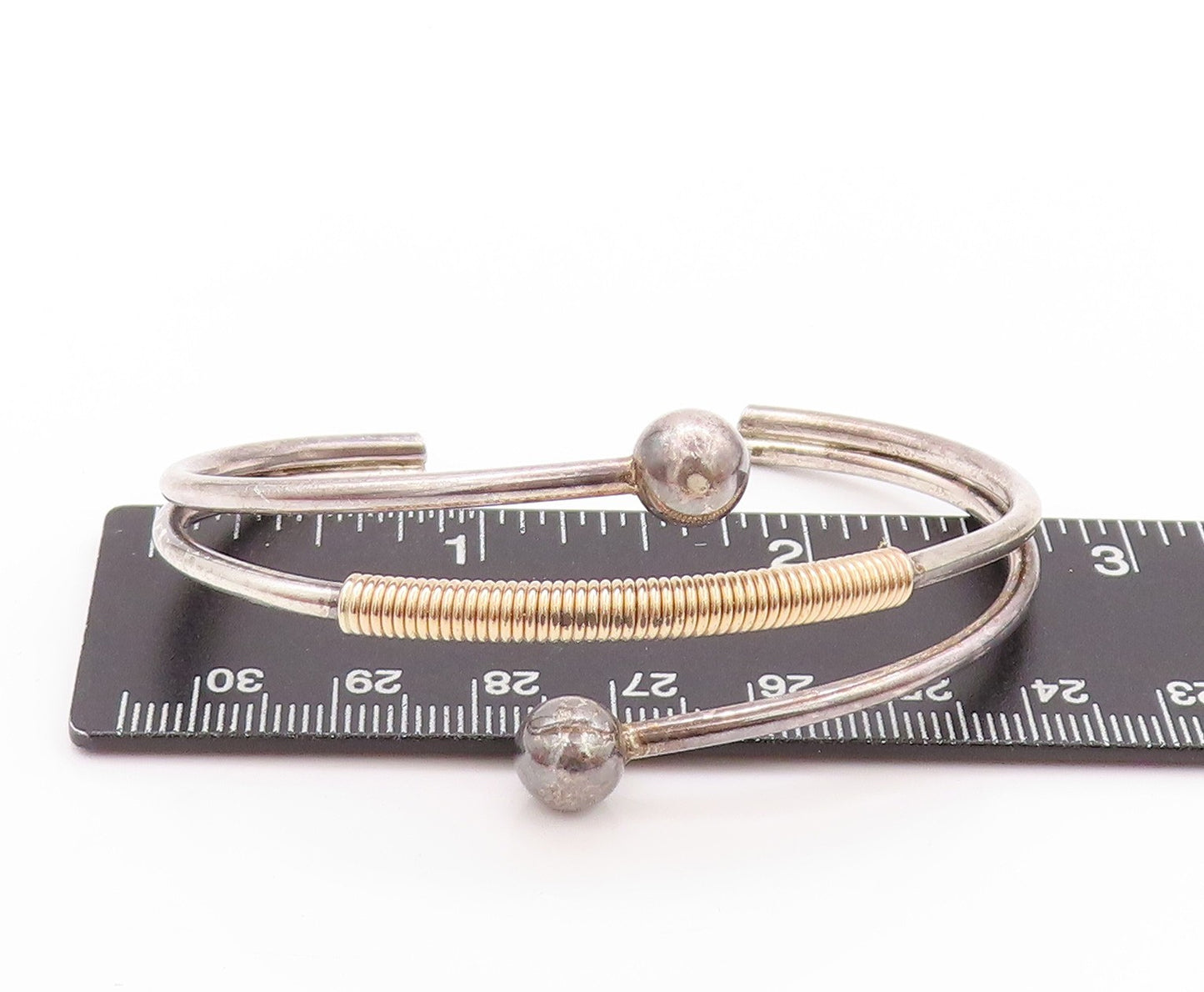 925 Sterling Silver Vintage Bracelet Modernist Gold Coiled Split Beads  BT11212