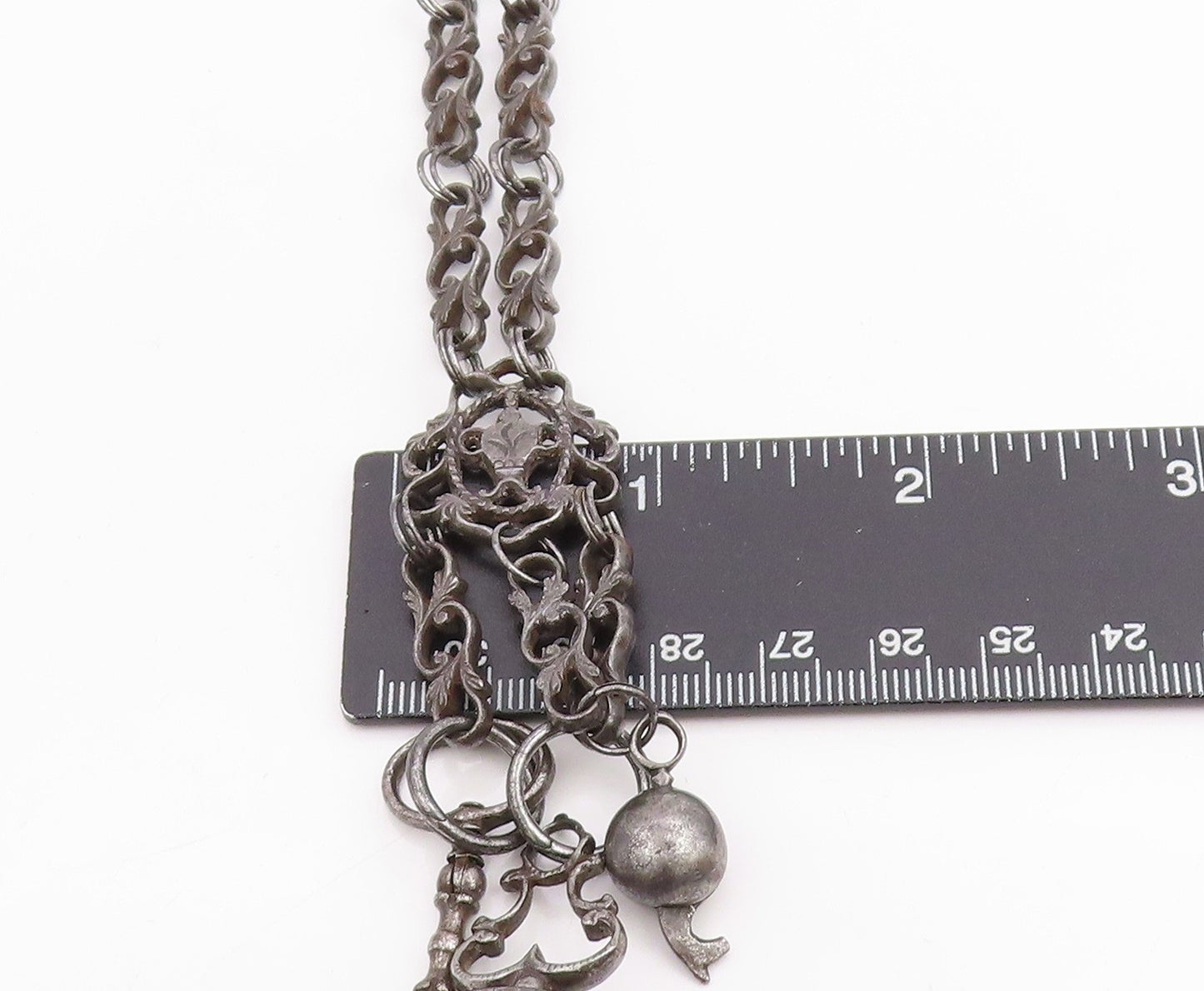 925 Sterling Silver Vintage Keychain Dark Tone Fob Chain With Charms  TR4068
