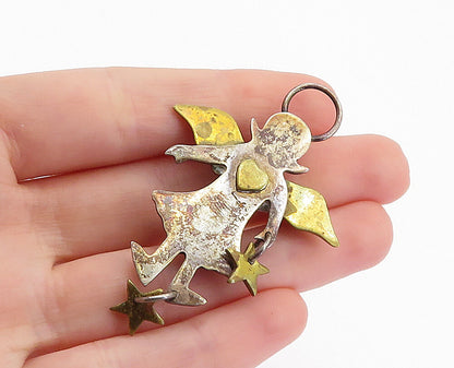 MEXICO 925 Sterling Silver  Vintage 2 Tone Love Heart Angel Brooch Pin  BP2455