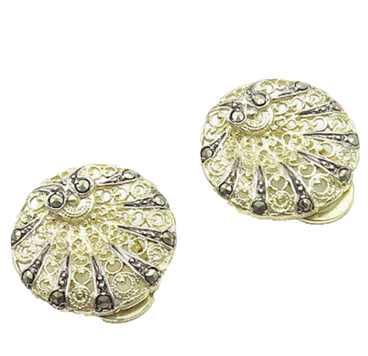 925 Sterling Silver  Vintage Marcasite Filigree Non Pierce Earrings EG8852