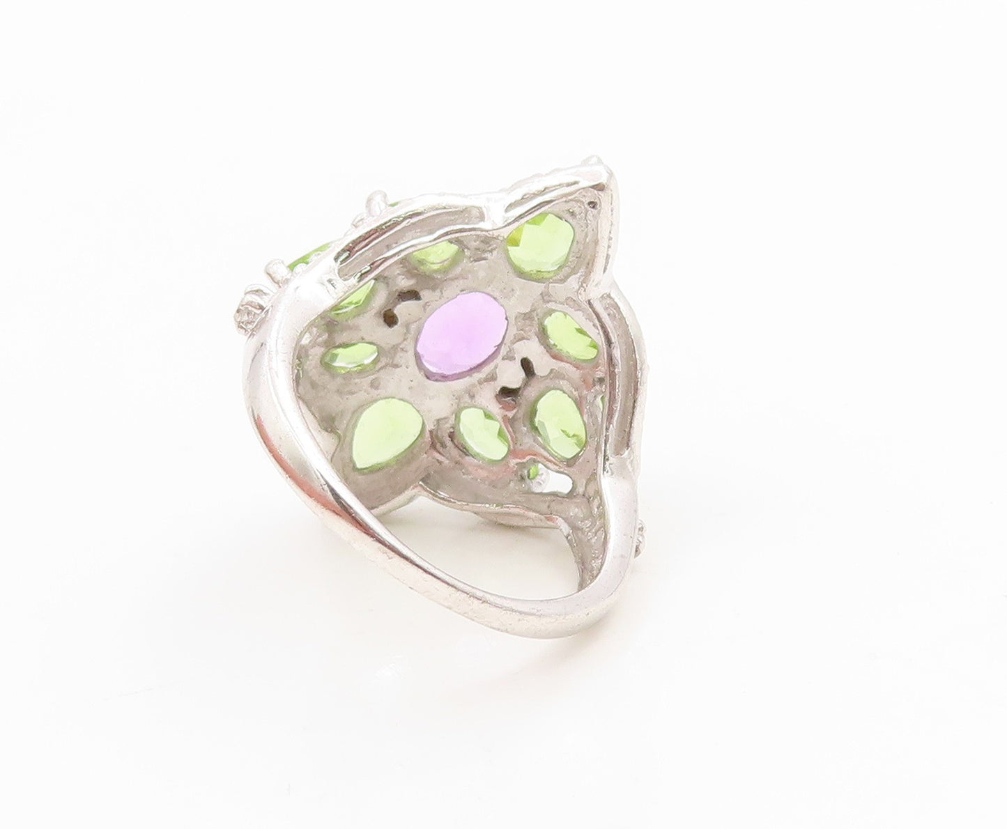 925 Sterling Silver Vintage Ring Amethyst & Peridot Floral Band  Sz 7.5  RG36164