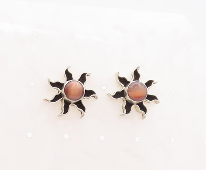 925 Sterling Silver Vintage Earrings MEXICO Round Cat Eye Cutout Sun  EG13118