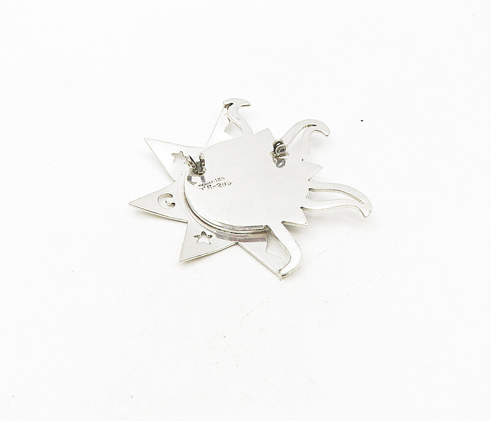 MEXICO 925 Sterling Silver  Vintage Shiny Sun Face & Stars Brooch Pin  BP3375