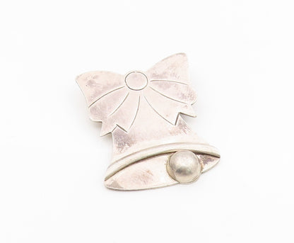 925 Sterling Silver Vintage Brooch MEXICO Etched Christmas Bow & Bell  BP12131