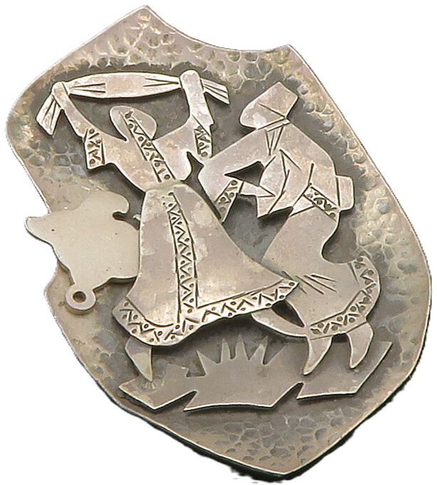 ISRAEL 925 Silver  Vintage Oxidized Dancing People Hammered Brooch Pin  BP4991
