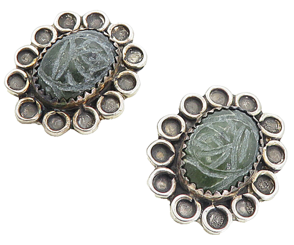 NAVAJO 925 Sterling Silver  Vintage Carved Jasper Floral Drop Earrings  EG4179