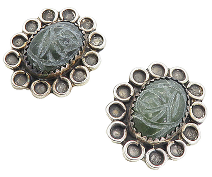 NAVAJO 925 Sterling Silver  Vintage Carved Jasper Floral Drop Earrings  EG4179