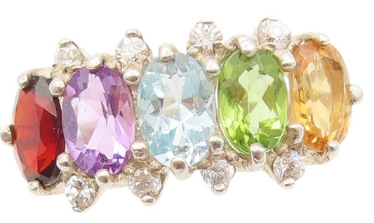 925 Sterling Silver Vintage Ring Oval Cut Multi Color Gemstones  Sz 8  RG32592