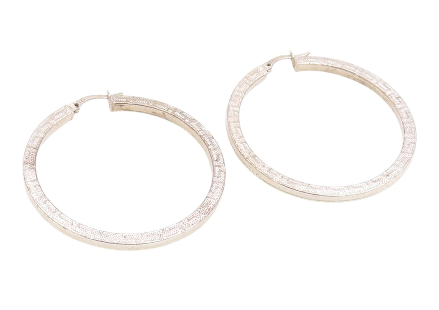 925 Sterling Silver Vintage Earrings Engraved Greek Key Pattern Hoops  EG14252