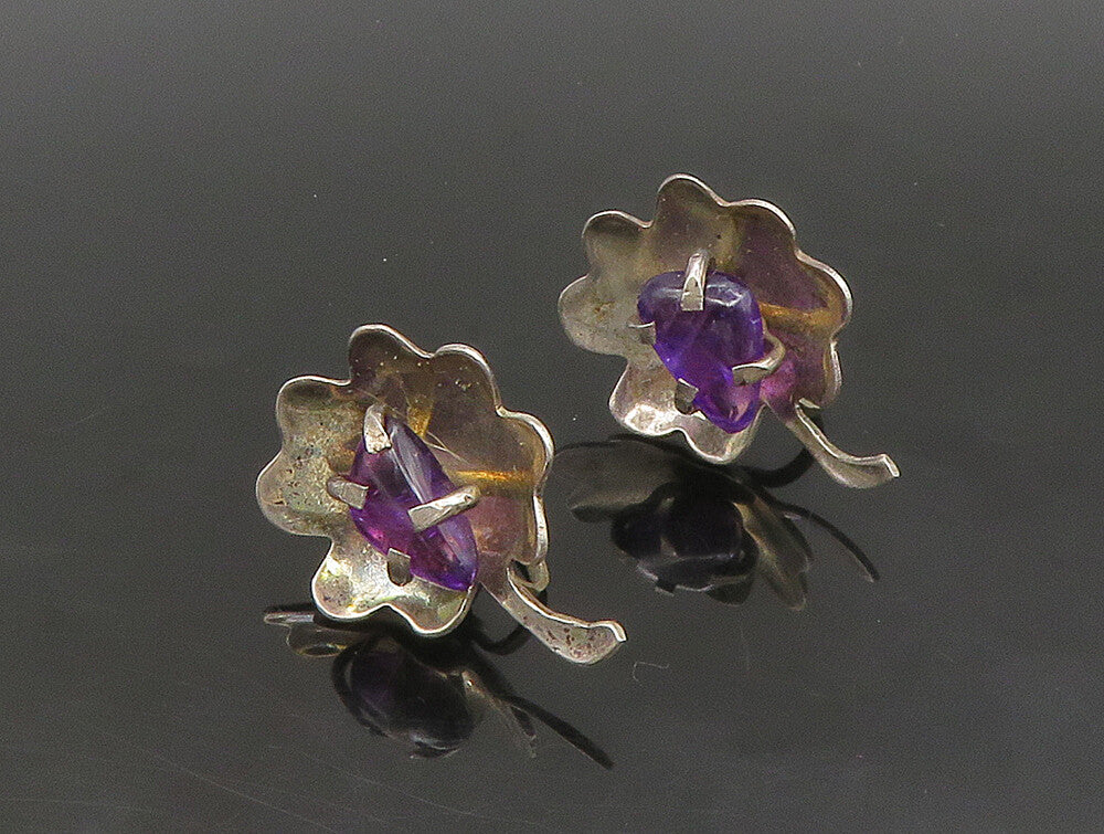 YMG MEXICO 925 Silver  Vintage Amethyst Floral Non Pierce Earrings  EG11454
