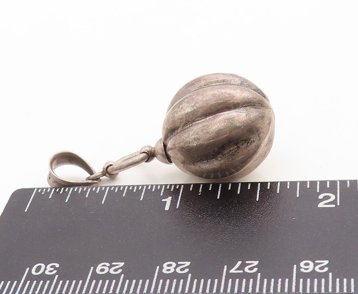 925 Sterling Silver Vintage Pendant Dark Tone Puffed Carved Sphere  PT23732