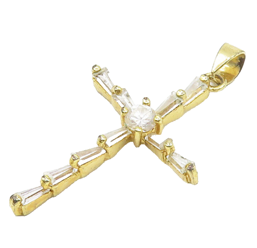925 Sterling Silver  Topaz Shiny Gold Plated Religious Cross Pendant  PT13863