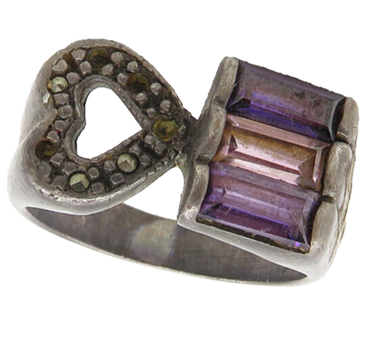 925 Sterling Silver  Vintage Amethyst & Topaz Heart Band Ring Sz 6  RG18694