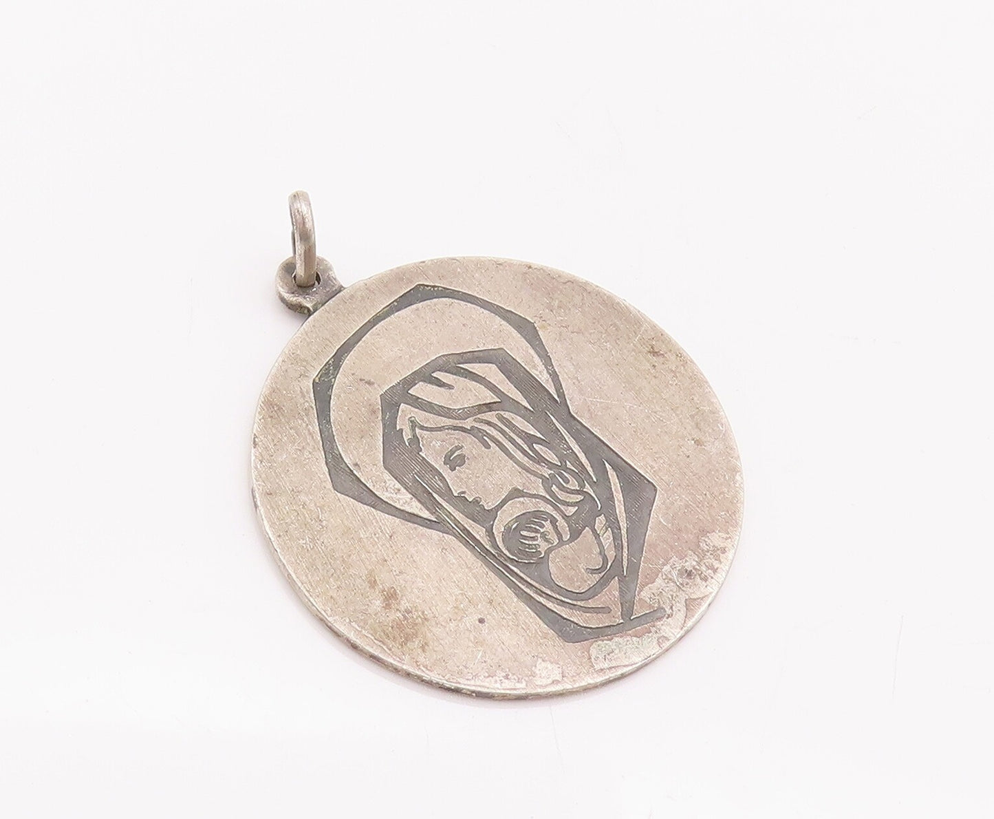 925 Sterling Silver Vintage Pendant Religious Carved Mother Mary Coin  PT22967