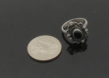 MEXICO 925 Silver  Vintage Black Onyx Floral Motif Band Ring Sz 6.5  RG20954