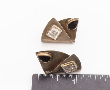 925 Sterling Silver Vintage Earrings Designer Square CZ & Triangle Onyx  EG13014