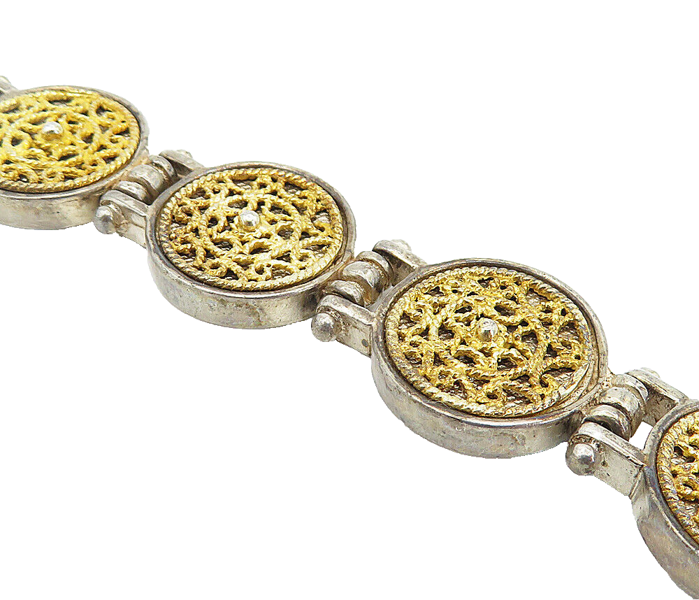 925 Sterling Silver Vintage Antique 2 Tone Swirl Twist Chain Bracelet BT2906