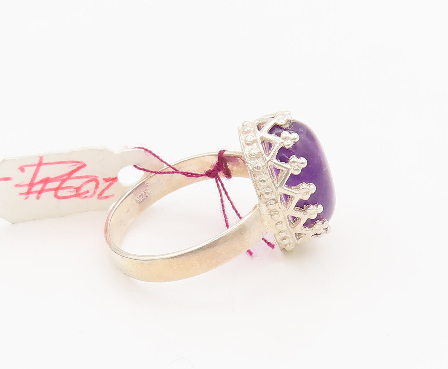 925 Silver  Vintage Cabochon Oval Large Amethyst Carved Ring Sz 6.25  RG27034