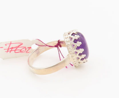 925 Silver  Vintage Cabochon Oval Large Amethyst Carved Ring Sz 6.25  RG27034