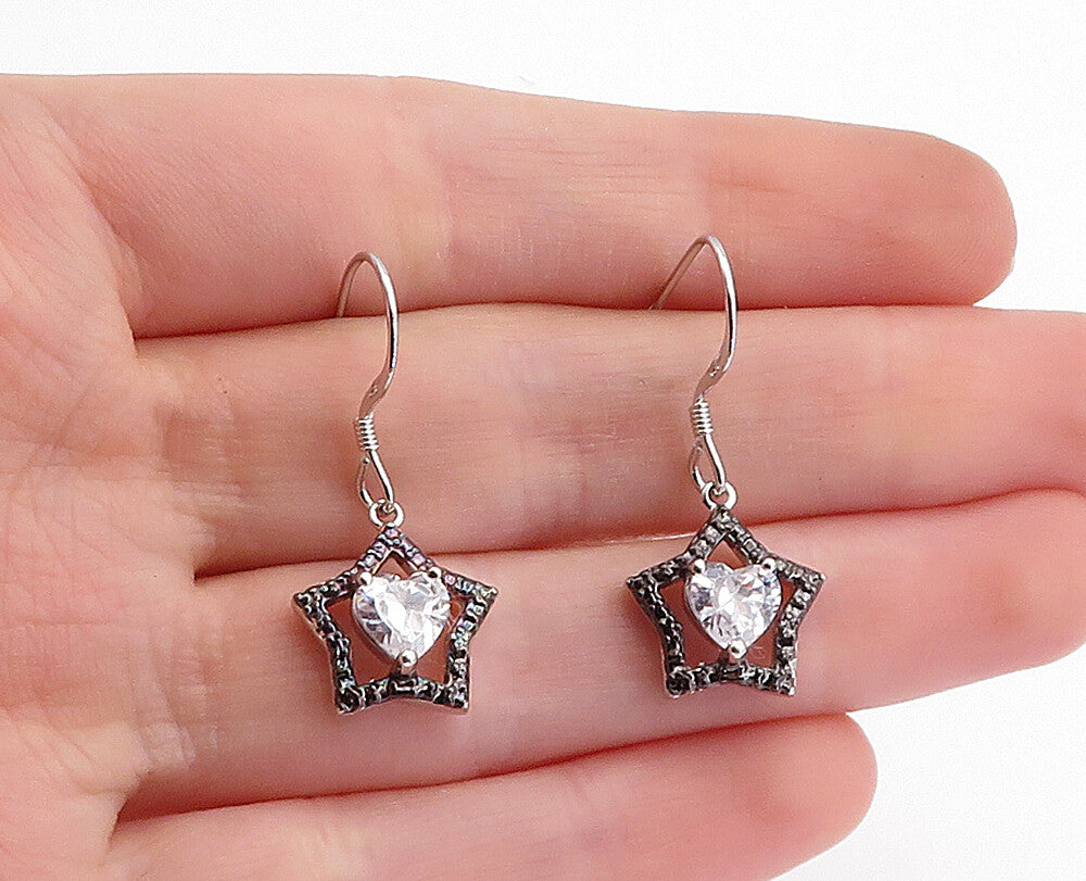 925 Sterling Silver  Shiny Round Sapphire Two Tone Star Drop Earrings  EG2105