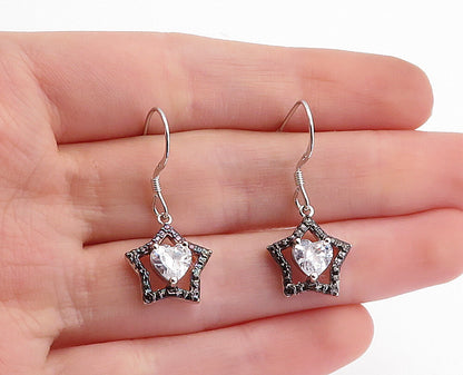 925 Sterling Silver  Shiny Round Sapphire Two Tone Star Drop Earrings  EG2105